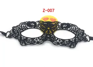 Detailed close-up of a black lace masquerade eye mask with delicate floral hollow patterns.