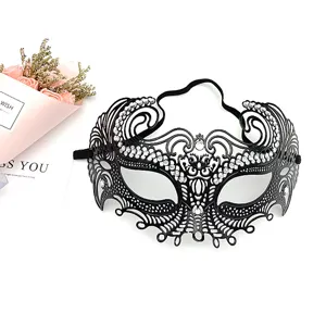 Black metal masquerade mask with rhinestones, perfect for parties and stage performances.
