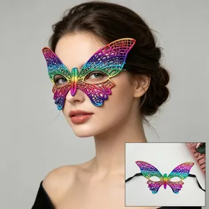 Detailed view of the colorful lace butterfly mask with vibrant gradient colors and delicate mesh design.