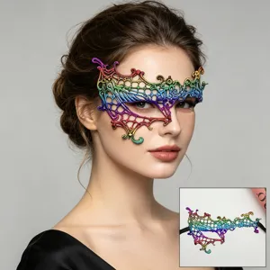 Detailed view of colorful lace half-face masquerade eye mask, perfect for party costume.