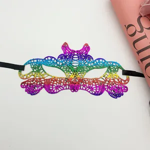 Colorful lace masquerade mask with black ribbon for Halloween party cosplay dress up.