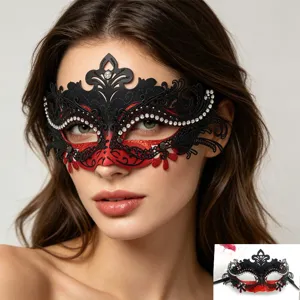 Elegante schwarz-rote halb-Gesicht Maske mit glitzernden Strasssteinen und edler Metallkunst.
