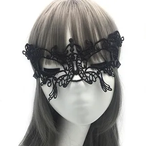 Close-up detail of black lace masquerade mask, delicate floral cutout pattern for party wear.