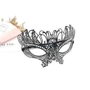 Venetian masquerade half face metal rhinestone mask detail, exquisite hollow carved design.