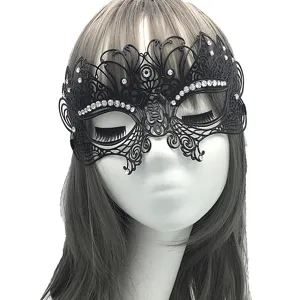 Black metal filigree masquerade half face mask with rhinestones for party performance detail