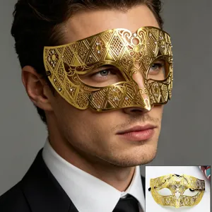 Herren Metall Maskerade Maske Strass Hohl Party Maske Halloween Halbe Gesichtsmaske Gold
