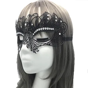 Black metal masquerade mask with rhinestones, half face Venetian eye mask for party costume.