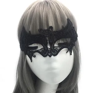 Black lace masquerade mask detailed view, gothic bat design for Halloween party and cosplay.