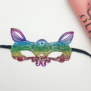 Colorful lace masquerade mask with cat ears, perfect for Halloween and cosplay parties.