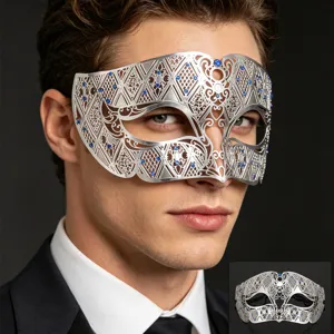 Silberne Metall Maske für Herren, filigranes ausgehöhltes Design mit funkelnden blauen Strass.