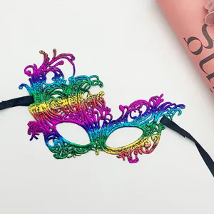 Colorful metallic lace masquerade mask with black ribbons for party cosplay events.