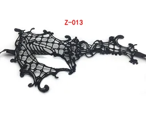 Detailed view of black lace masquerade eye mask, intricate spiderweb pattern for Halloween.