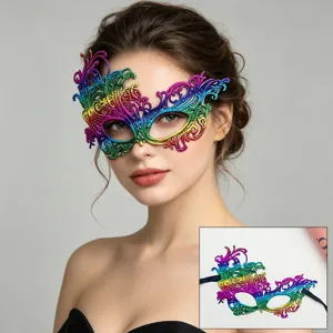 Detailed view of colorful metallic lace masquerade mask, perfect for party cosplay and events.