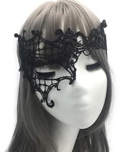 Black lace masquerade mask detail view, showing intricate patterns and fine craftsmanship.
