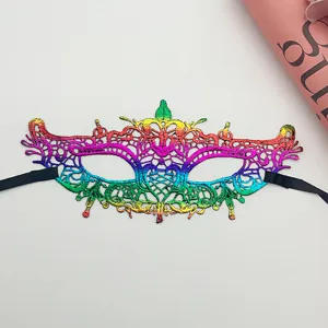 Colorful rainbow lace masquerade mask detail, half face eye mask texture close up.