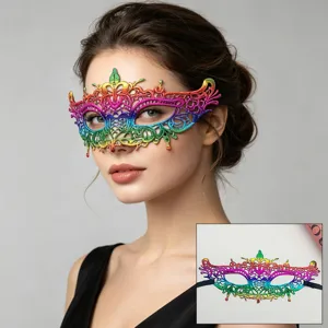 Close-up detail of the colorful metallic lace masquerade mask, showcasing intricate patterns.