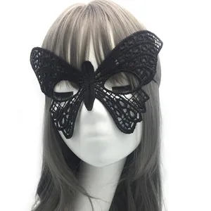 Black lace butterfly masquerade mask, half face party eye mask for women Halloween costume detail view.