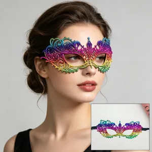 Close-up detail of the colorful lace masquerade mask showing exquisite pattern and texture.