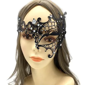 Máscara de mascarada de metal negro con diamantes de imitación, antifaz de fiesta.