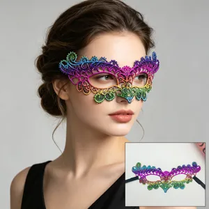Rainbow lace masquerade mask, colorful half face eye mask for Halloween party and cosplay.