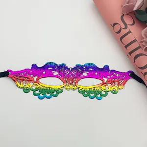 Colorful lace mask detail showing the vibrant rainbow gradient and delicate hollowed-out pattern.
