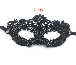 Detailed shot of black lace masquerade mask with exquisite floral pattern for party.