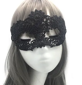 Black lace masquerade mask detail, delicate floral lace pattern, half face party eye mask.
