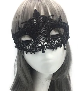 Close-up detail of black lace masquerade mask, delicate embroidery pattern for party.