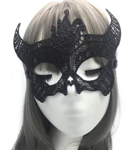 Black lace masquerade mask with devil horns for women halloween party and costume dress up