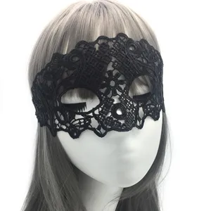 Black lace mask detail showing intricate floral patterns and fine weaving texture for party.