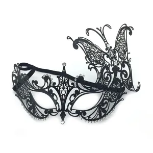Black metal masquerade mask with rhinestones and butterfly design for women party wear.