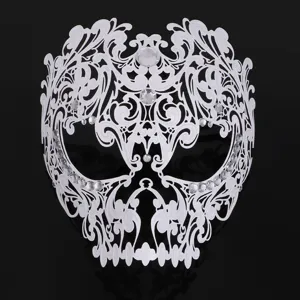 White metal skull masquerade mask with rhinestones for Halloween party and cosplay.