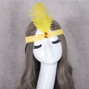 Yellow feather headband with sequins and gem for party, masquerade, and cosplay events.