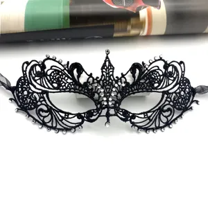 Máscara de encaje negra con diamantes de imitación para fiesta de Halloween mujeres