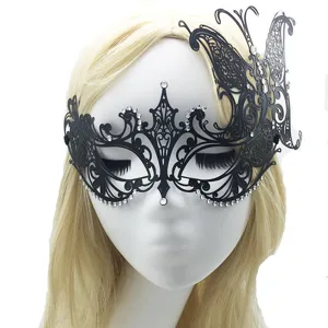 Black metal masquerade mask detail view, rhinestone Venetian butterfly party mask for women