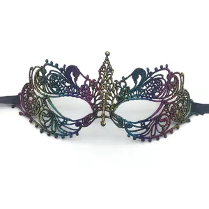 Detailed close-up of a colorful foil lace masquerade mask with exquisite hollow patterns.