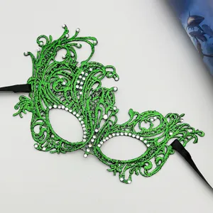 Green lace masquerade mask with sparkling rhinestones and black ribbons for party events.