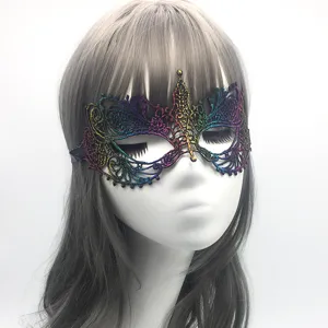 Colorful gold-stamped lace mask for costume party, masquerade, and Halloween event decoration.