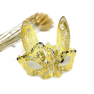 Goldene Metall Maske Hasenohren Strass Karneval Venedig Kostüm Party Halloween Zubehör.