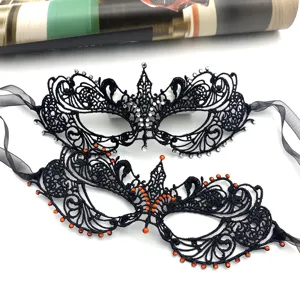 Conjunto de máscara de encaje negro de Halloween con diamantes de imitación mujer