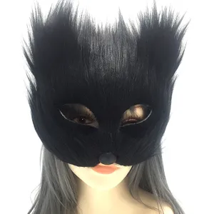 Maschera mezza faccia gatto volpe soffice nera costume Halloween cosplay festa mascherata