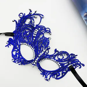 Blue lace masquerade mask with rhinestones and black ribbon ties for party and festival.