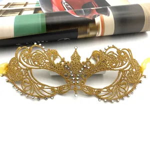 Mascara de encaje dorado con brillantes estrases, antifaz de media cara para fiesta de Halloween.
