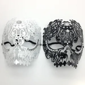 Halloween metal rhinestone skull mask for cosplay party, gothic full face masquerade prop.