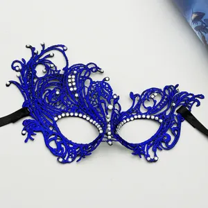 Blue lace masquerade mask with rhinestones and black ribbon ties, perfect for party costume.