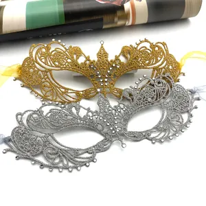 Máscara de mascarada de encaje con diamantes de imitación calados media cara fiesta mujer
