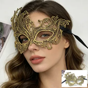 Squisita maschera in pizzo dorato con nastro nero per feste in maschera e Halloween.