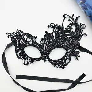 Black lace masquerade mask with glitter and satin ribbons, perfect for party and Halloween.