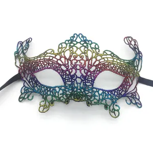 Close up view of the colorful bronzing lace masquerade mask, intricate hollow cutout design.