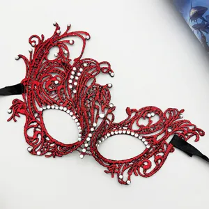 Red lace masquerade mask with sparkling rhinestones, half face party eye mask for women.